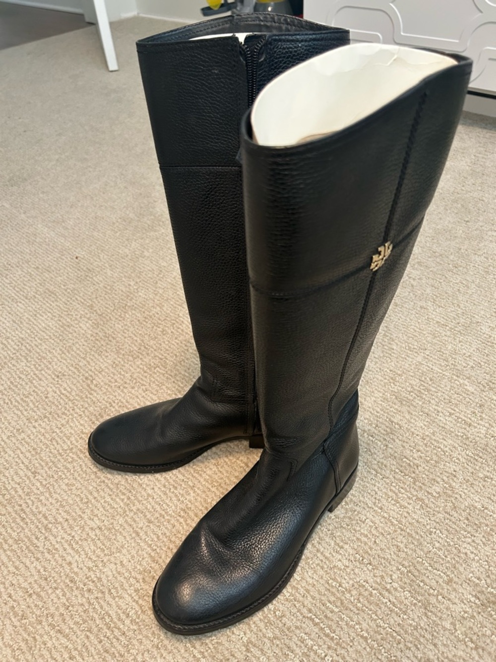 Tory Burch Black Tall Leather Riding Boots with Gold Logo Accent